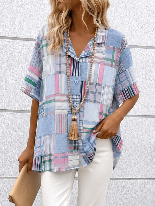 Vintage Patchwork Plaid Short Sleeve Shirt