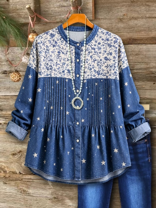 Whimsical Floral Star Print Tencel Denim Panel Top