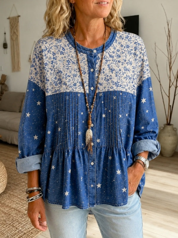 Whimsical Floral Star Print Tencel Denim Panel Top