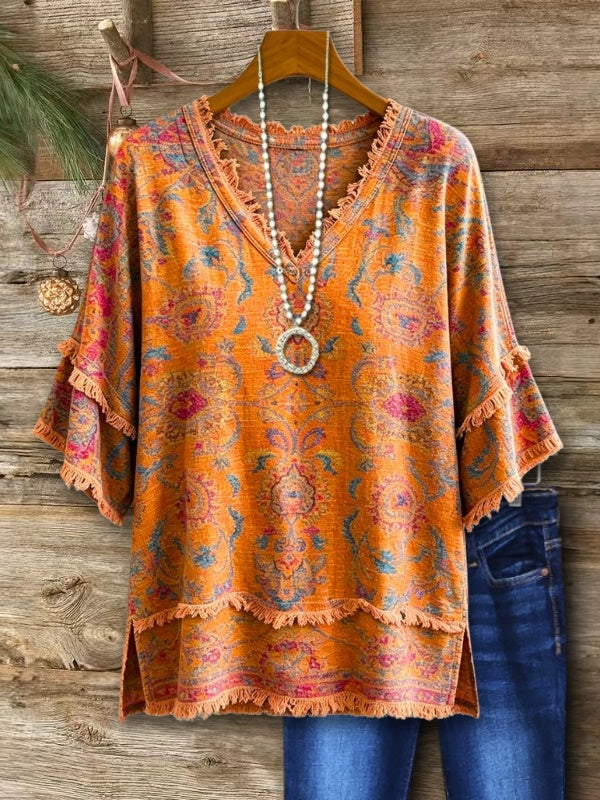 Bohemian Paisley Print Fringe Relaxed Top