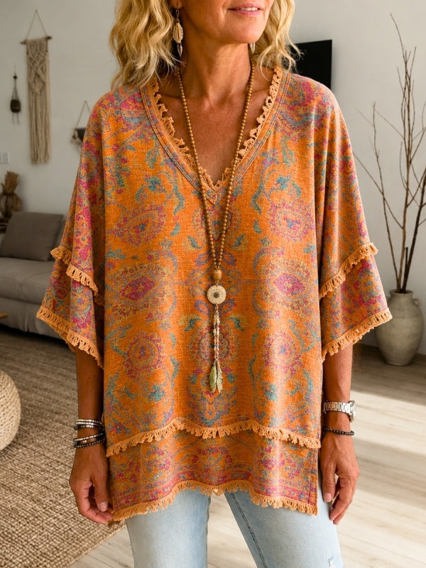 Bohemian Paisley Print Fringe Relaxed Top