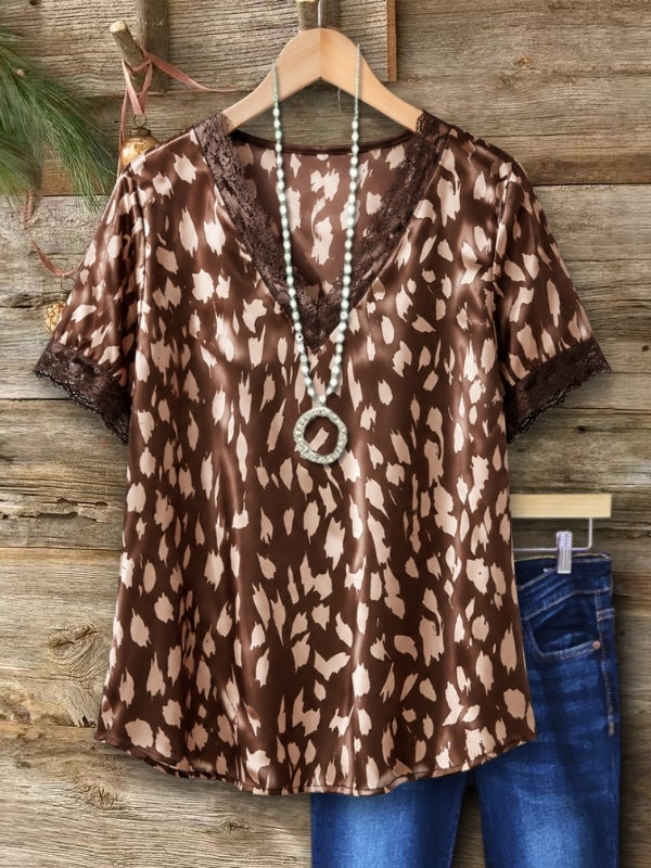 Refined Leopard Print Satin Lace Top
