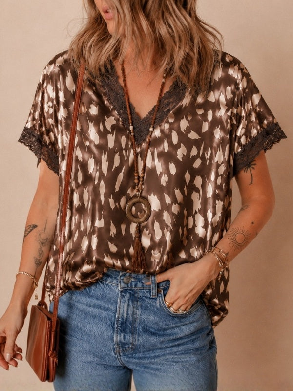 Refined Leopard Print Satin Lace Top