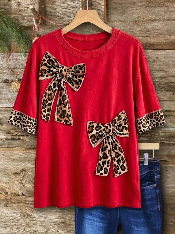 Playful Leopard Patchwork Bow Tee