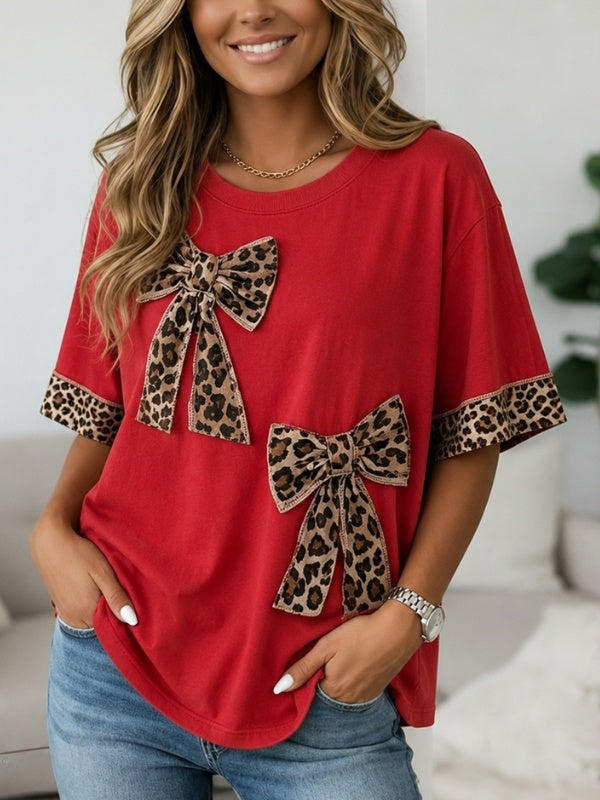 Playful Leopard Patchwork Bow Tee