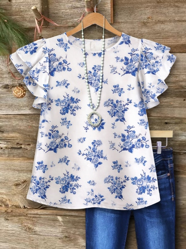 Romantic Floral Print Ruffle Sleeve Top
