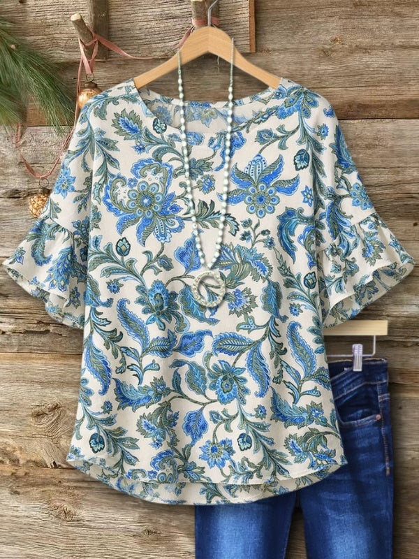 Bohemian Floral Print Bell Sleeve Tunic