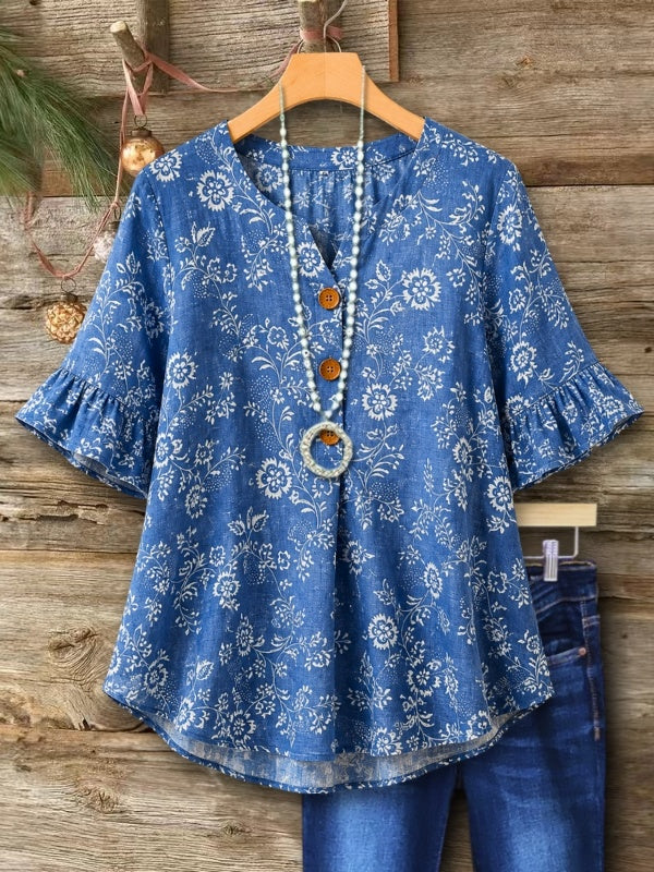 Vintage Floral Print Ruffle Sleeve Tunic