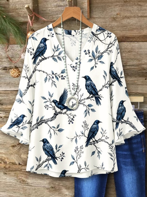 Whimsical Bird Print Bell Sleeve Top