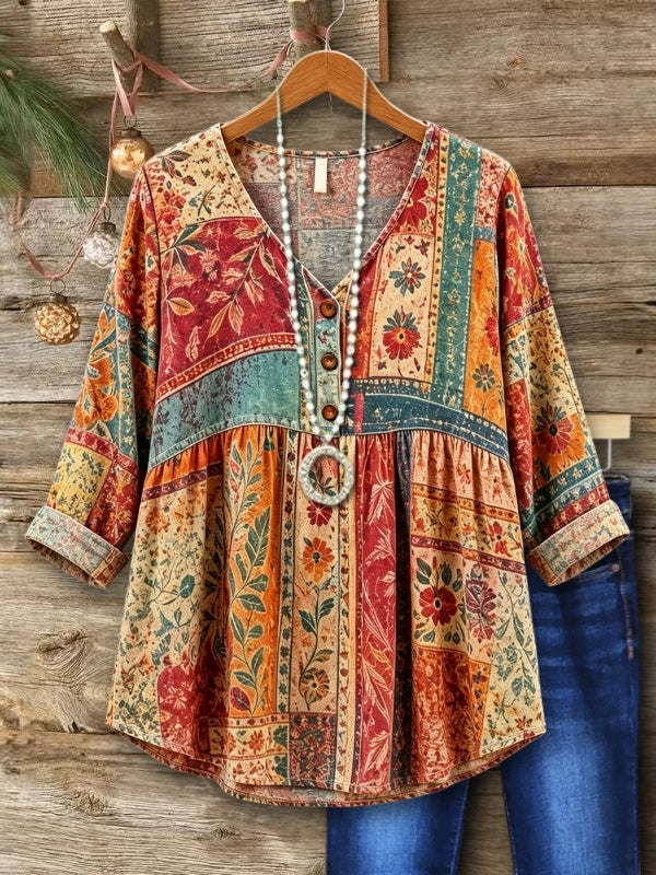 Bohemian Patchwork Print Babydoll Tunic Top