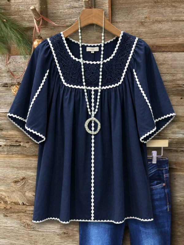 Romantic Crochet Yoke Babydoll Tunic Top