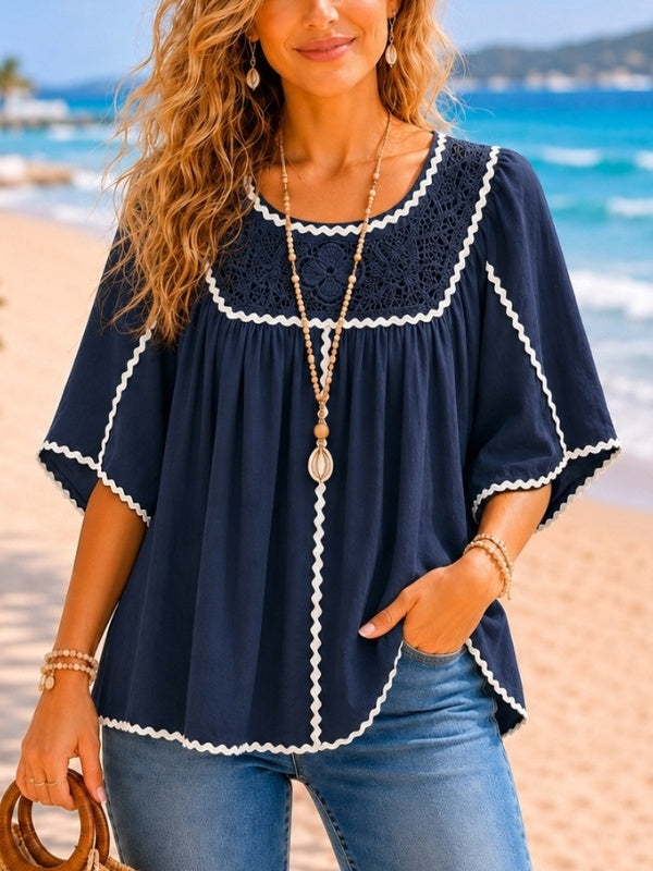 Romantic Crochet Yoke Babydoll Tunic Top