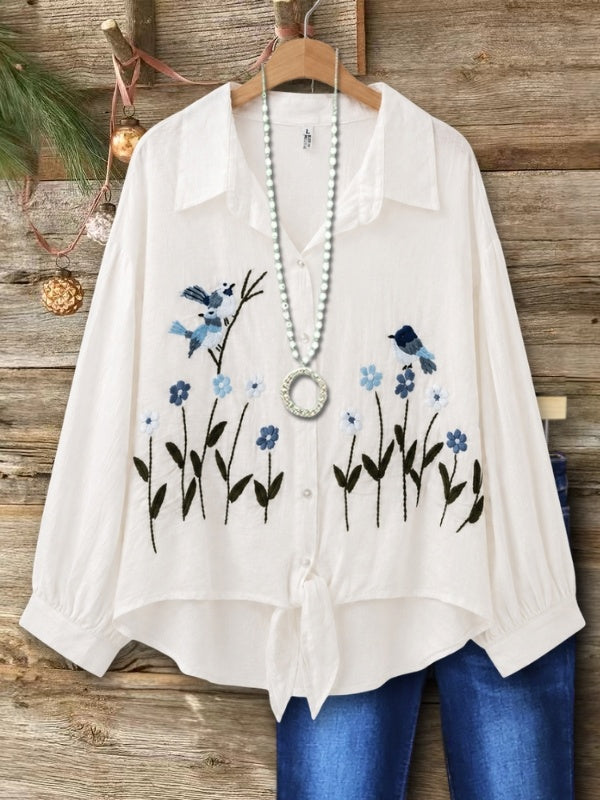 Garden Floral Embroidered Tie Front Shirt