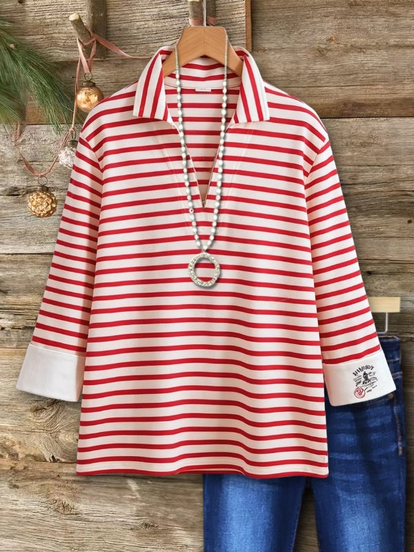 Striped Print Zip Neck 3/4 Sleeve Tunic Top