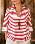 Striped Print Zip Neck 3/4 Sleeve Tunic Top