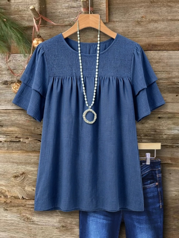 Linen Blend Babydoll Top Smocked Neck Short Sleeve