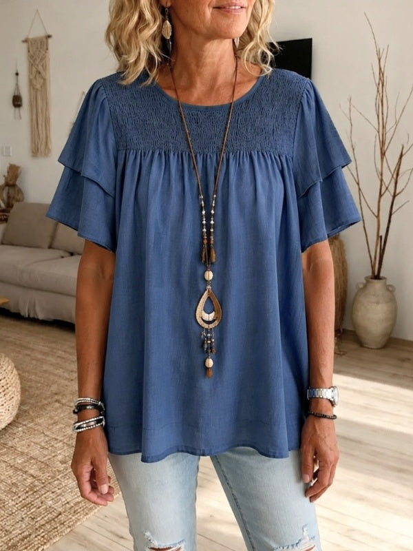 Linen Blend Babydoll Top Smocked Neck Short Sleeve