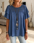 Linen Blend Babydoll Top Smocked Neck Short Sleeve