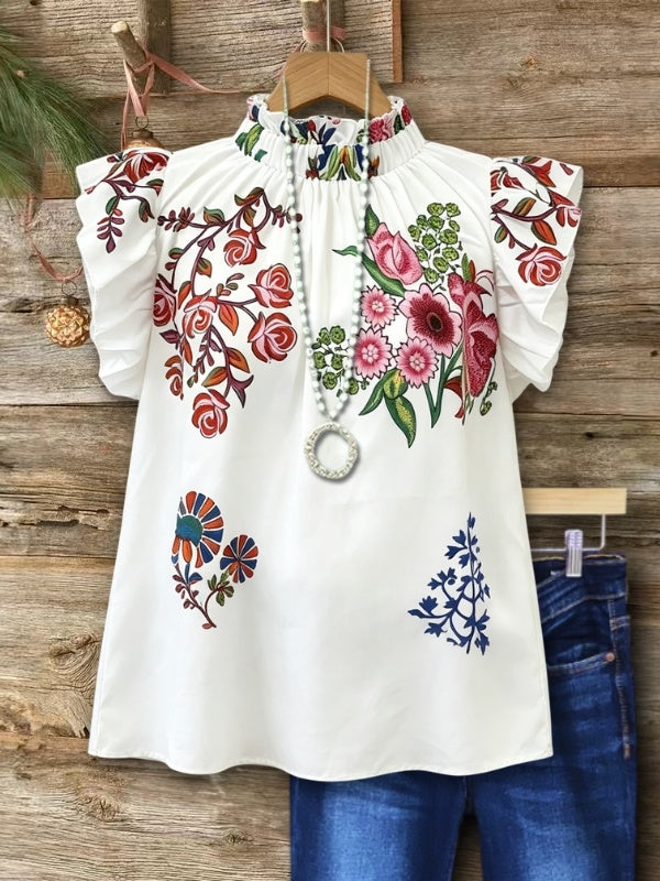 Floral Print Mock Neck Ruffle Sleeve Babydoll Top