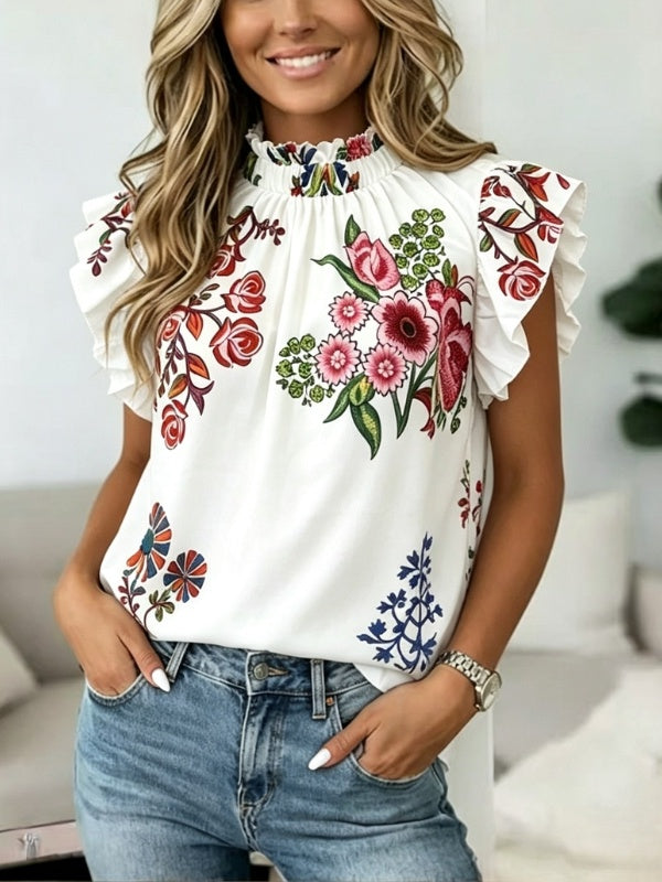 Floral Print Mock Neck Ruffle Sleeve Babydoll Top