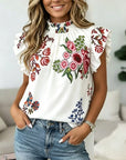 Floral Print Mock Neck Ruffle Sleeve Babydoll Top