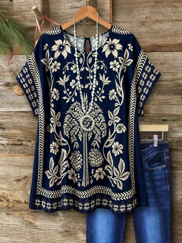 Floral Print Short Sleeve Tunic Top with Round Neck