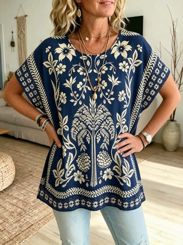 Floral Print Short Sleeve Tunic Top with Round Neck