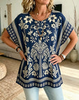 Floral Print Short Sleeve Tunic Top with Round Neck