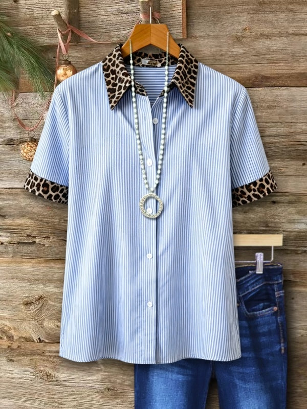Patchwork Striped Leopard Collar Button Up Short Sleeve Top