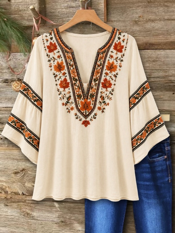 Floral Embroidery V Neck Tunic Top with Dolman Sleeve