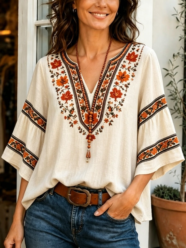 Floral Embroidery V Neck Tunic Top with Dolman Sleeve