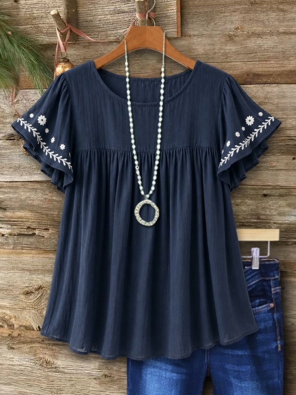 Embroidery Detail Ruffle Sleeve Babydoll Top with Round Neck