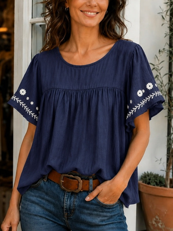 Embroidery Detail Ruffle Sleeve Babydoll Top with Round Neck