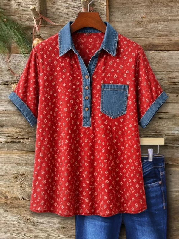 Patchwork Denim Henley Neck Short Sleeve Tunic Top