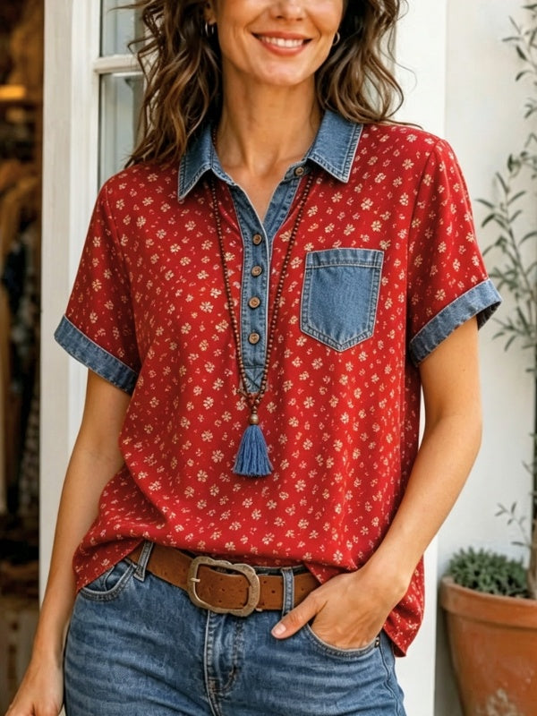Patchwork Denim Henley Neck Short Sleeve Tunic Top