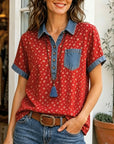 Patchwork Denim Henley Neck Short Sleeve Tunic Top