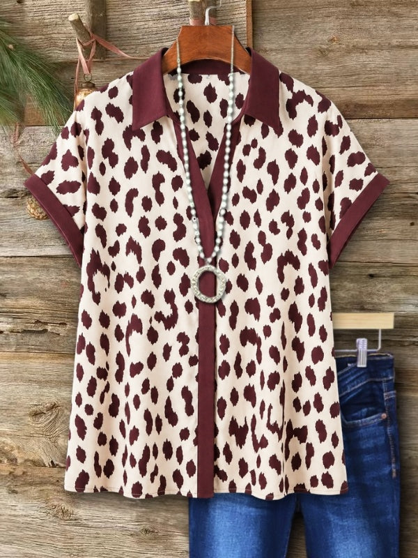 Leopard Print Button Up Collared Short Sleeve Top