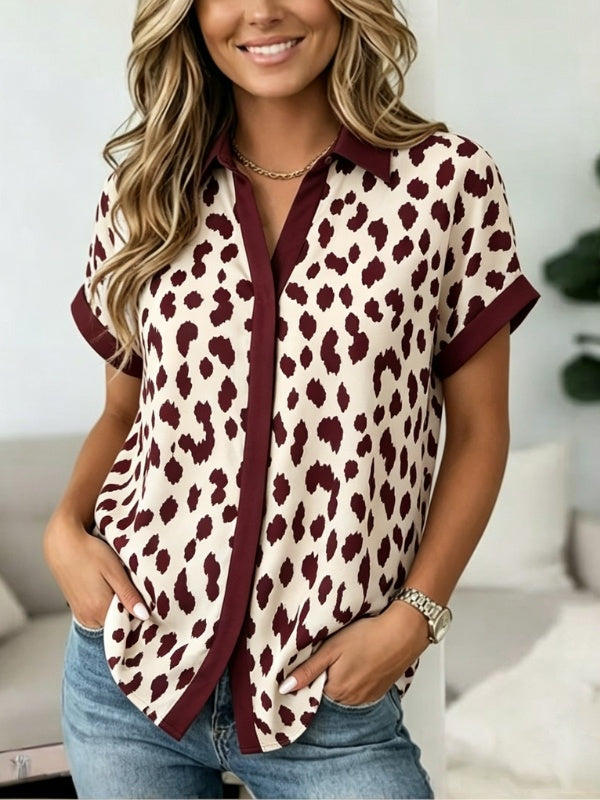 Leopard Print Button Up Collared Short Sleeve Top