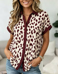 Leopard Print Button Up Collared Short Sleeve Top