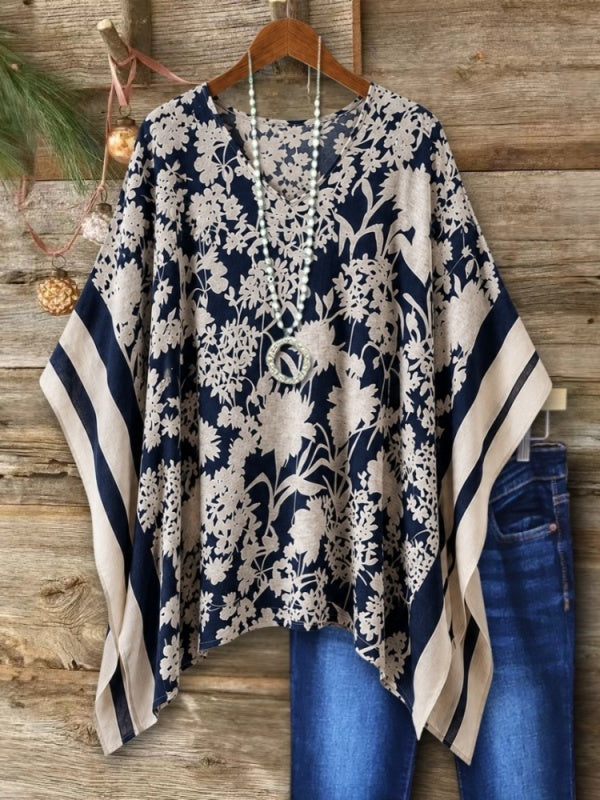 Floral Print V Neck Batwing Tunic