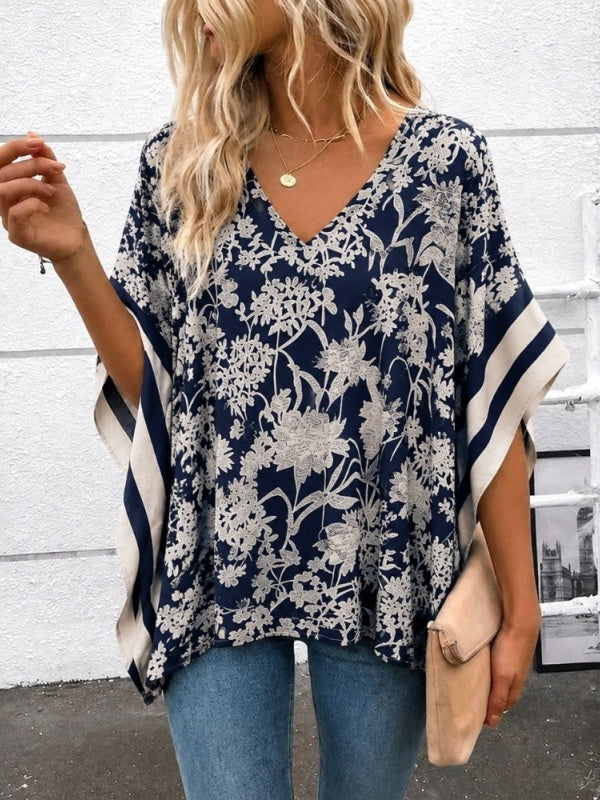 Floral Print V Neck Batwing Tunic