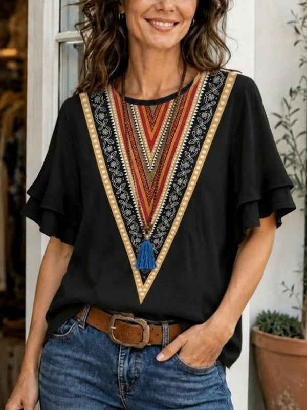 Ethnic Print Flutter Sleeve Tunic
