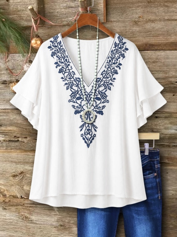 Floral Embroidery V-Neck Ruffle Sleeve Tunic