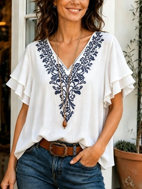 Floral Embroidery V-Neck Ruffle Sleeve Tunic