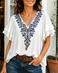 Floral Embroidery V-Neck Ruffle Sleeve Tunic