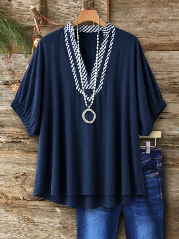 Patchwork Trim V-Neck Short Sleeve Tunic Top