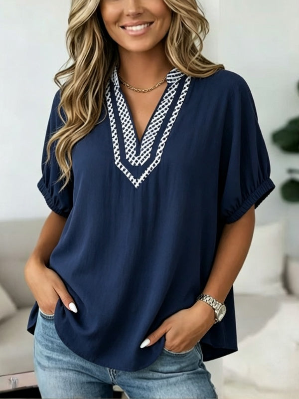 Patchwork Trim V-Neck Short Sleeve Tunic Top