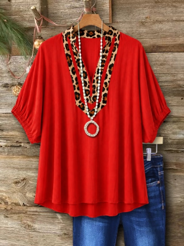 Leopard Patchwork V-Neck Puff Sleeve Tunic