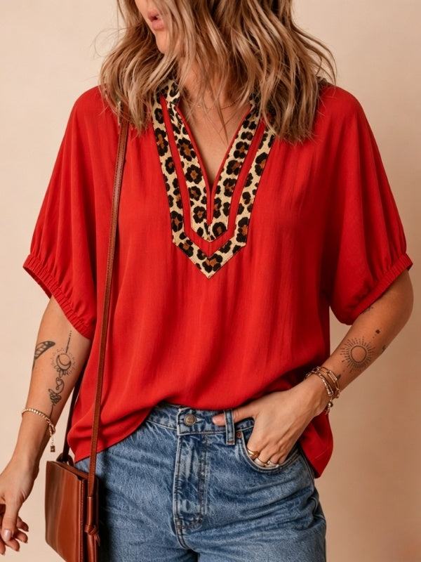 Leopard Patchwork V-Neck Puff Sleeve Tunic