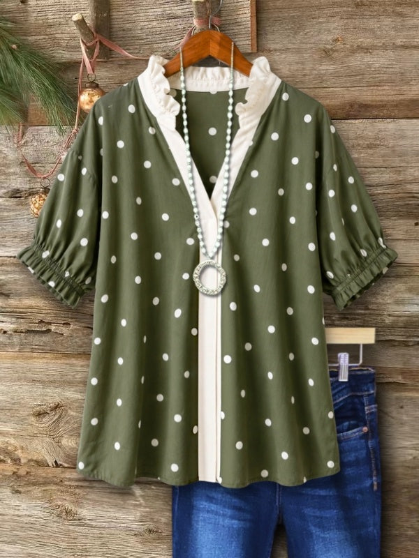 Polka Dot Print Ruffle Neck Short Sleeve Top
